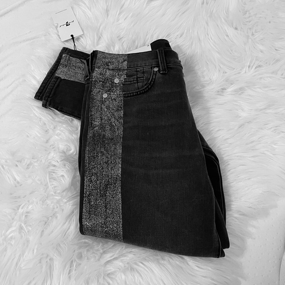 7 for All Man Kind Black Jeans with Silver Glitter Stripe - Picture 1 of 6